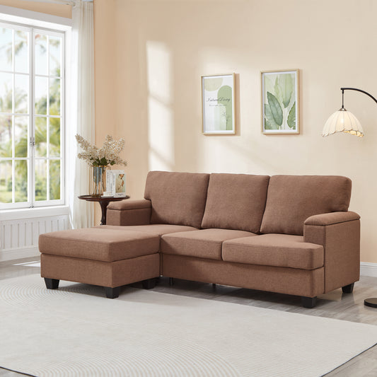 86'' L Shaped Couch With Armrest Organizer,3 Seats Sofas With Movable Ottoman,Comfy Sectional Sofa With Thick Cushion,Linen Sectional Couches For Living Room,Bedroom,Apartment,Brown