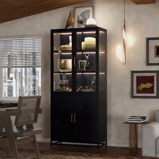 76.75  Tall Display Cabinet, With Glass Doors And LED Lights, Steel Curio Cabinet With 3-Sided Glass, Pantry Cabinet With Storage For Hallways, Livingroom Kitchen Home Decor & Office - Black