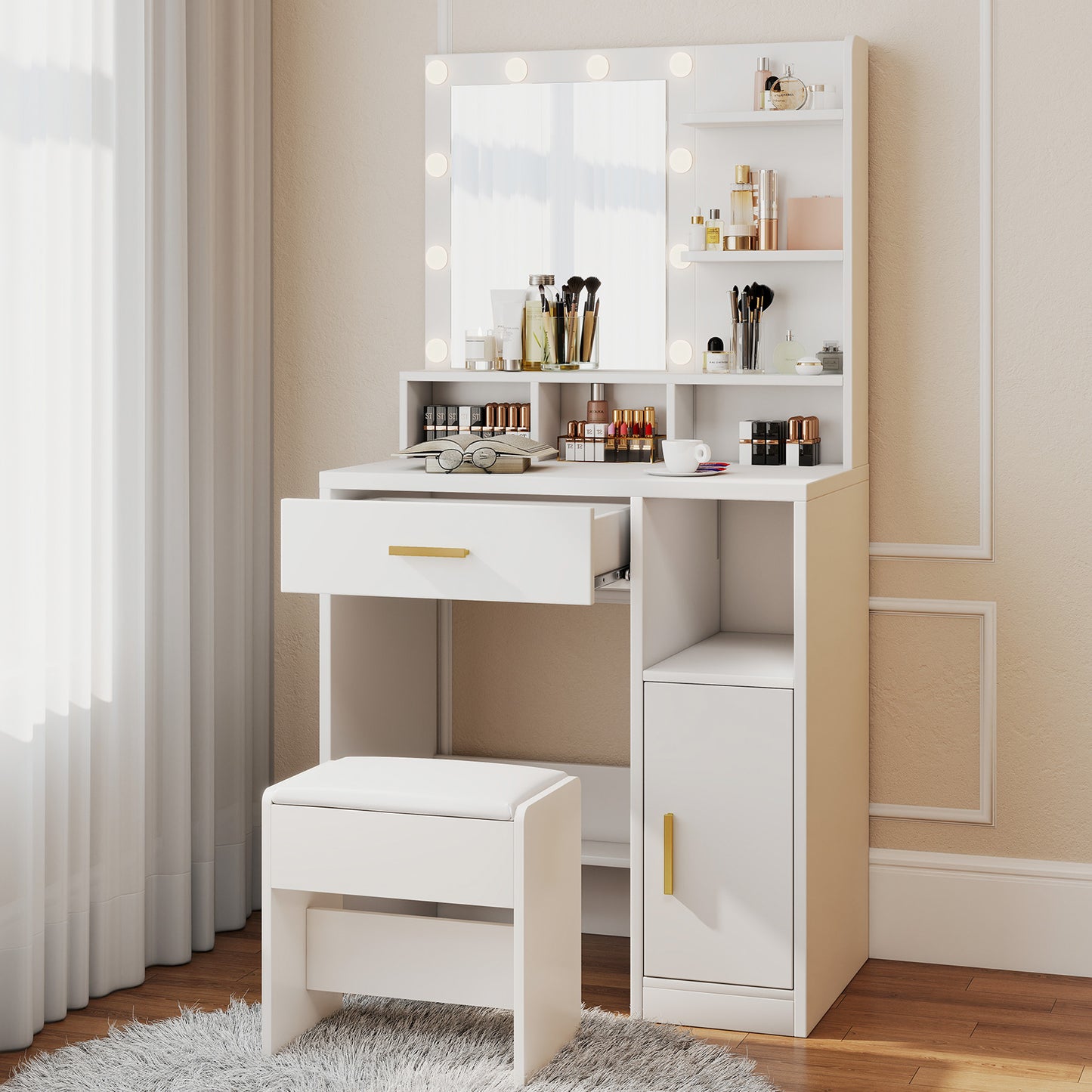 Vanity Desk With Mirror Makeup Desk With 10 Dimmable Bulbs Drawers Cabinet Shelves Stool 3 Color Adjustable Lighting For Dressing Room