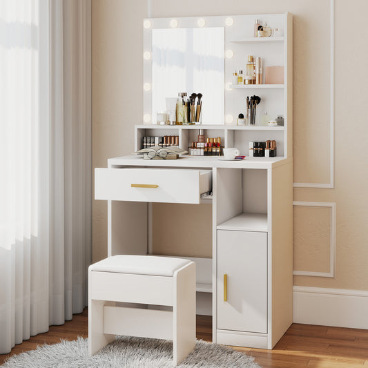 Vanity Desk With Mirror Makeup Desk With 10 Dimmable Bulbs Drawers Cabinet Shelves Stool 3 Color Adjustable Lighting For Dressing Room