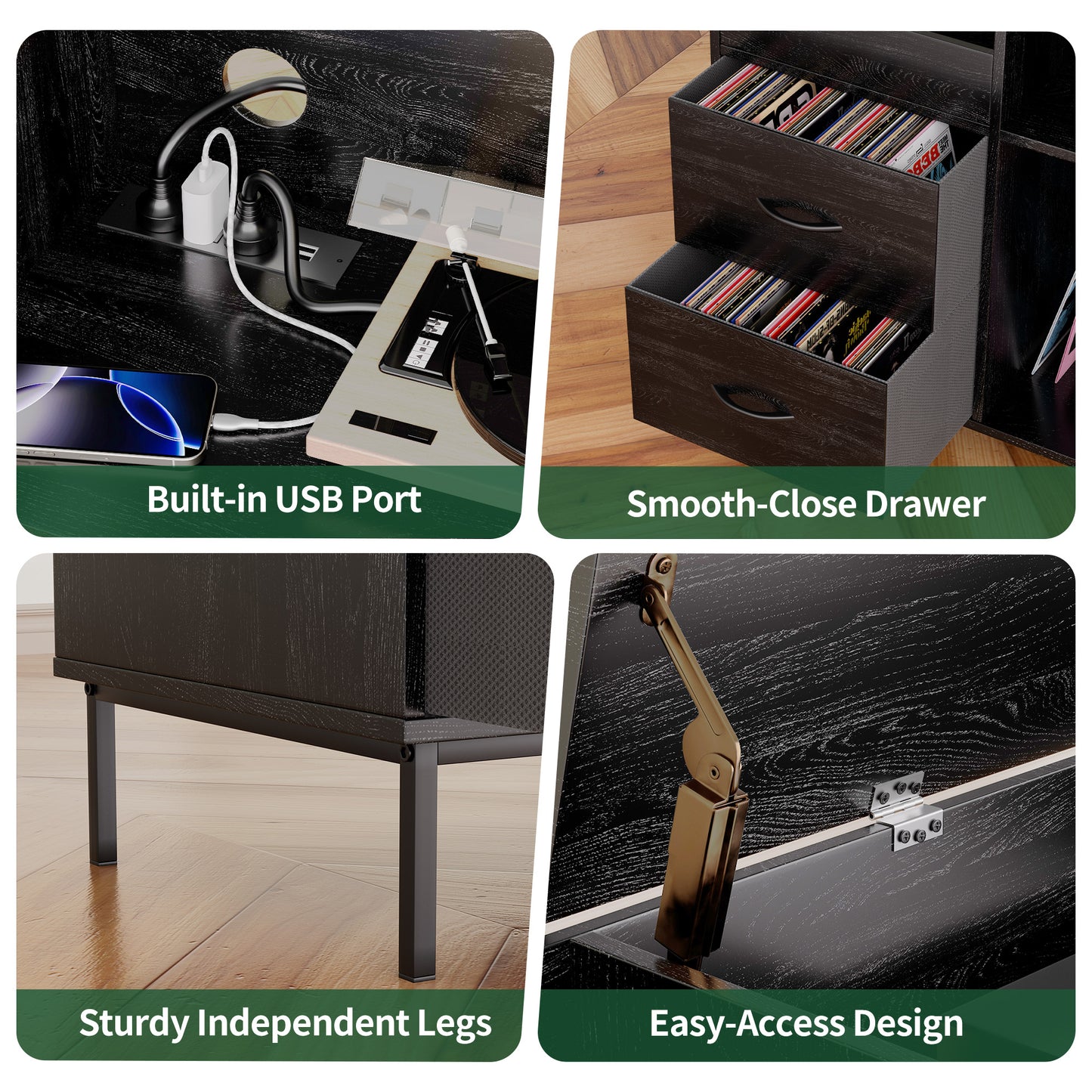 Eco-Friendly Record Player Stand With Flip-Top - Wood Vinyl Storage Cabinet With 2-Outlet Power Strip, Drawers & Dustproof Cubbies, Media Console For Living Room Study, Black