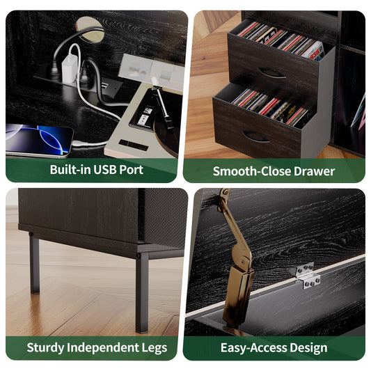 Eco-Friendly Record Player Stand With Flip-Top - Wood Vinyl Storage Cabinet With 2-Outlet Power Strip, Drawers & Dustproof Cubbies, Media Console For Living Room Study, Black