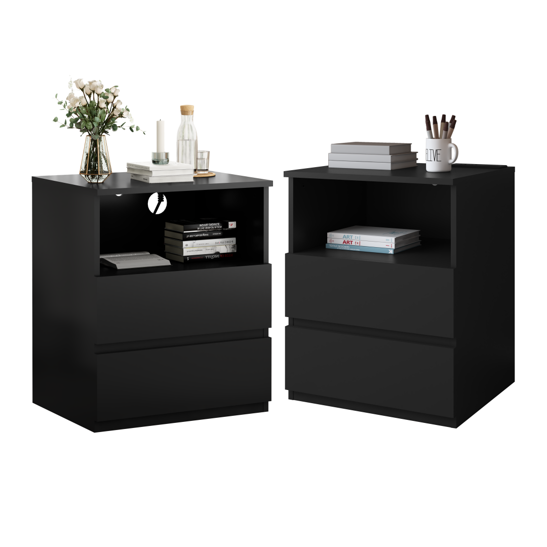 Set Of 2  End Table With Fast USB C Charging Station, Sofa Side Table With 2 Drawers, Large Storage Modern Wood Storage Cabinet For Living Room,Bedroom,Office, Black