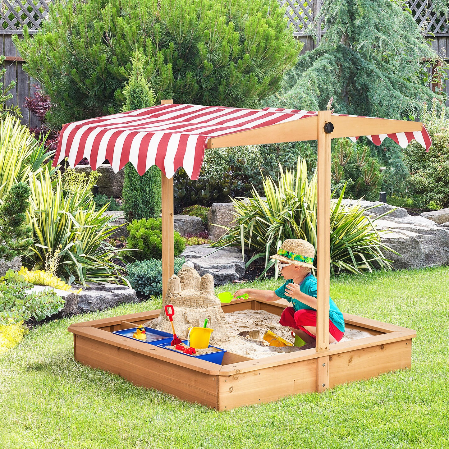 Kids Wooden Sandbox With Adjustable Height Cover And Toy Bin Storage, Children Sand Play Station Outdoor,Bottom Liner, For Backyard, Ages 3-7