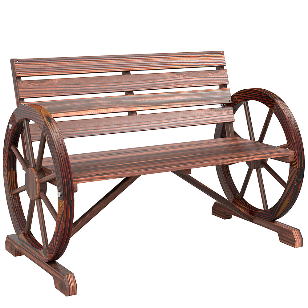 Wooden Wagon Wheel Bench, Rustic Outdoor Patio Weather Resistant Furniture, 2-Person Slatted Seat Bench With Backrest Supports Up To 550 Lbs For Patio, Garden, Or Other Outdoor Areas