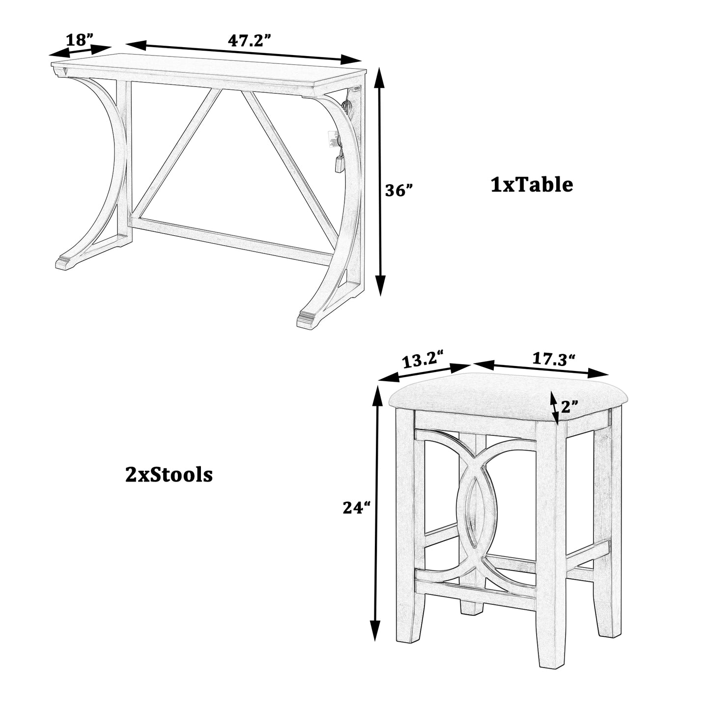 TOPMAx Farmhouse 3- Piece Counter Height Dining Table Set With USB Port And Upholstered Stools Milky White