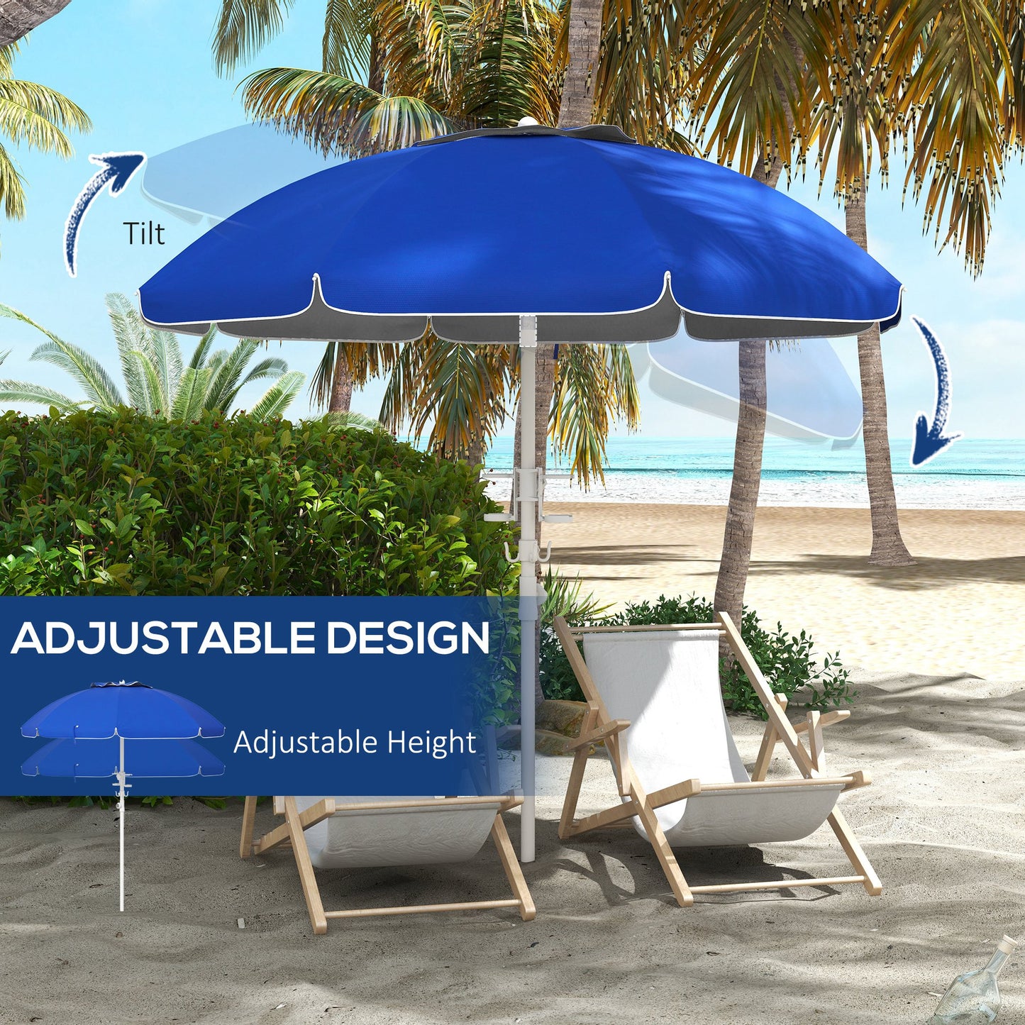 5.7' Beach Umbrella For Travel With Tilt, Adjustable Height, 2 Cup Holders, Hooks, Vent, Ruffles, Sapphire Blue