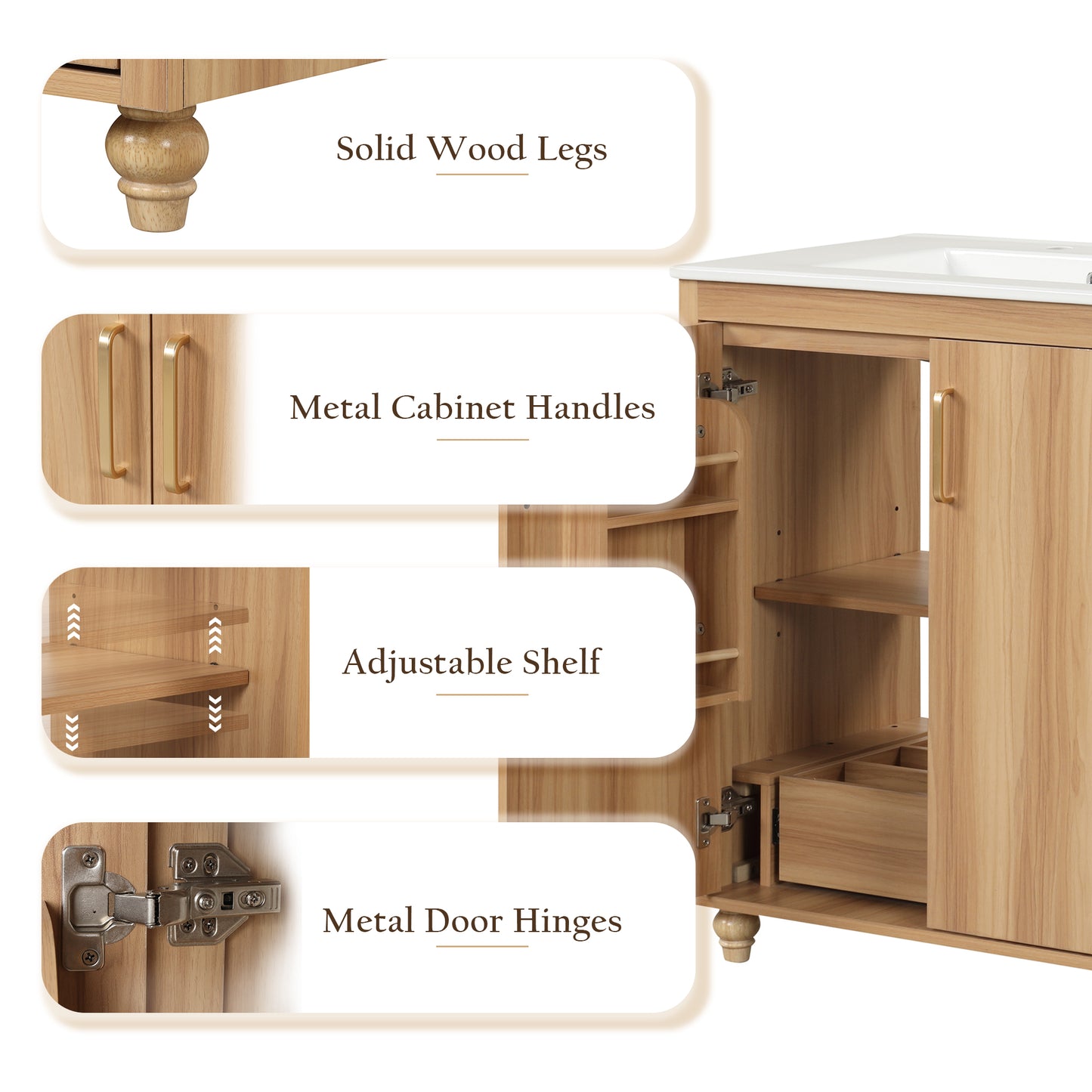 30 Bathroom Vanity With Sink Combo, Multi-functional Bathroom Cabinet With Doors And Drawer,  MDF Board, Natural