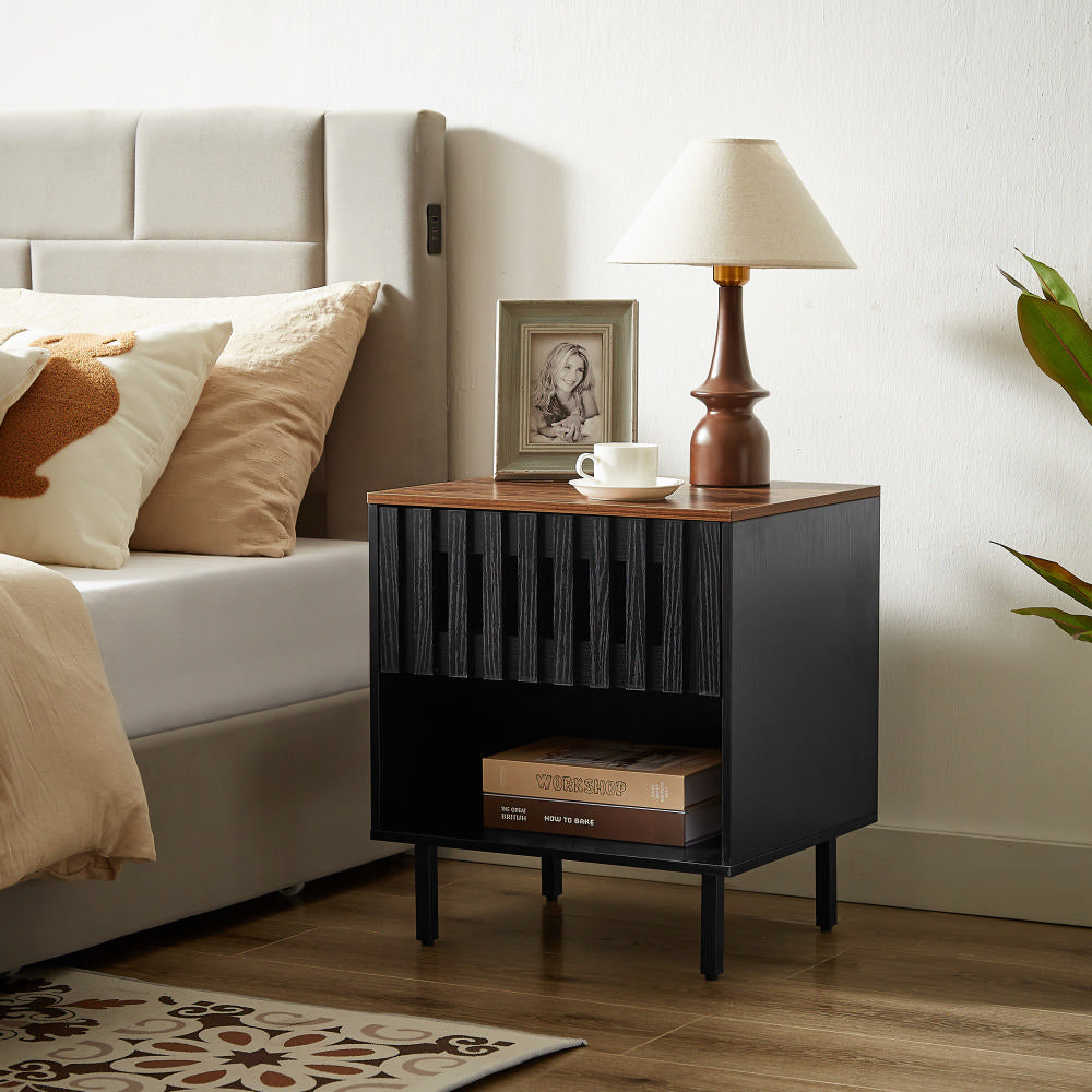 2 Set Nightstands With Grille Striped Doors, Mid Century Modern Nightstand, Bedside Table With Slatted Drawer Decor, End Tables Bedroom With Metal Legs, Night Stand For Bedroom