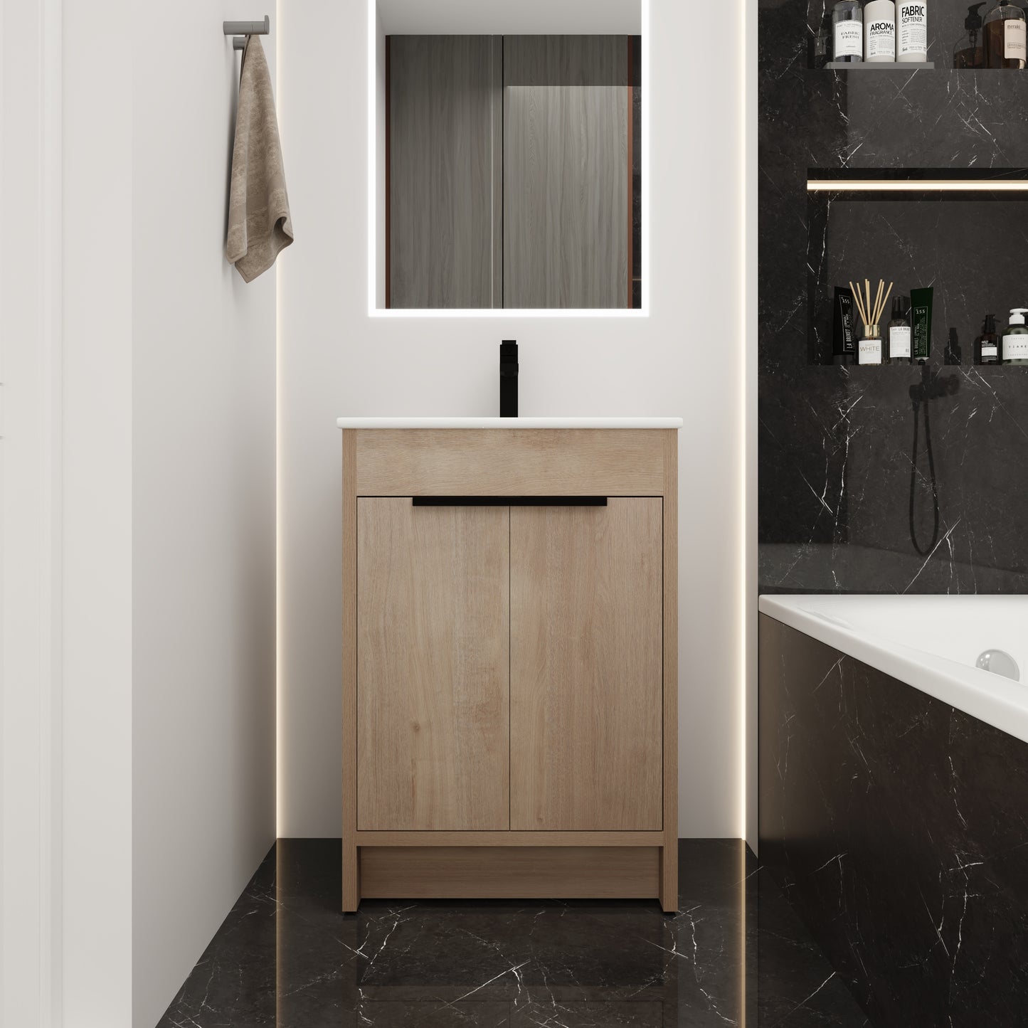 Freestanding Bathroom Vanity With White Ceramic Sink & 2 Soft-Close Cabinet Doors   KD-PACKING ,BVB02424PLO-G-BL9060B ,W1286S00015
