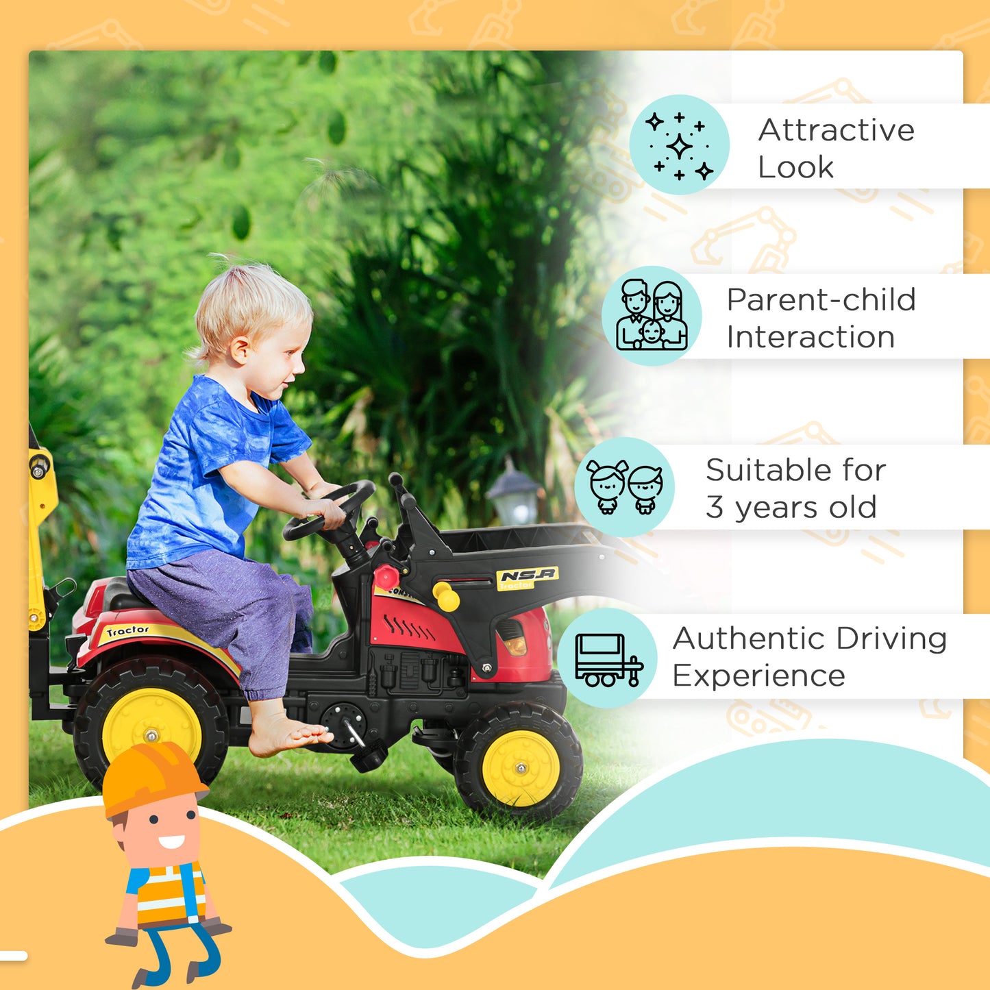 3 In1 Kids Ride On Excavator/Bulldozer, Pedal Car Digger Toy Move Forward/Back With 6 Wheels And Detachable Cargo Trailer
