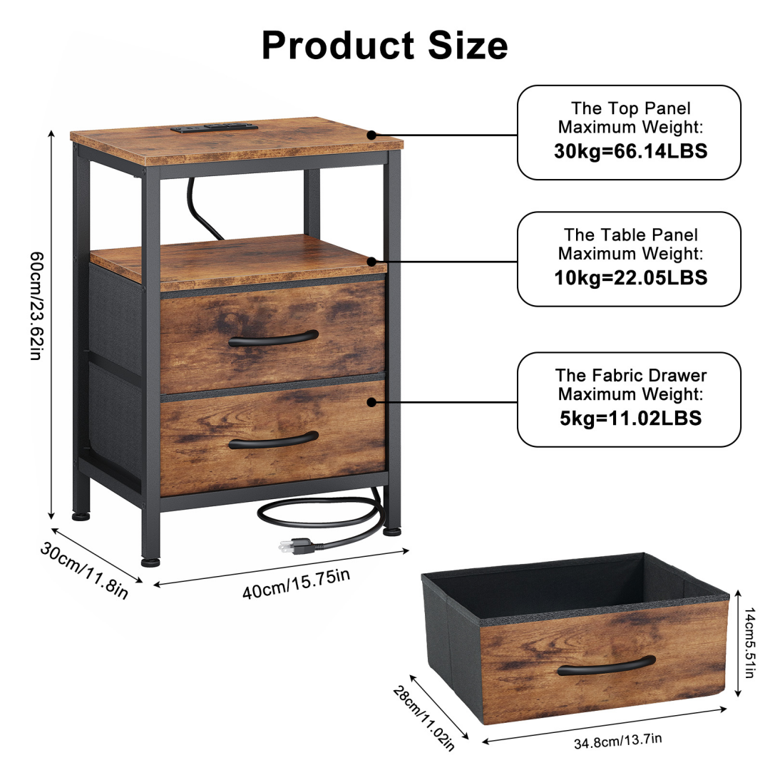 A Small Bedside Table With A Charging Station And Two Fabric Drawers, And A Side Bedside Table