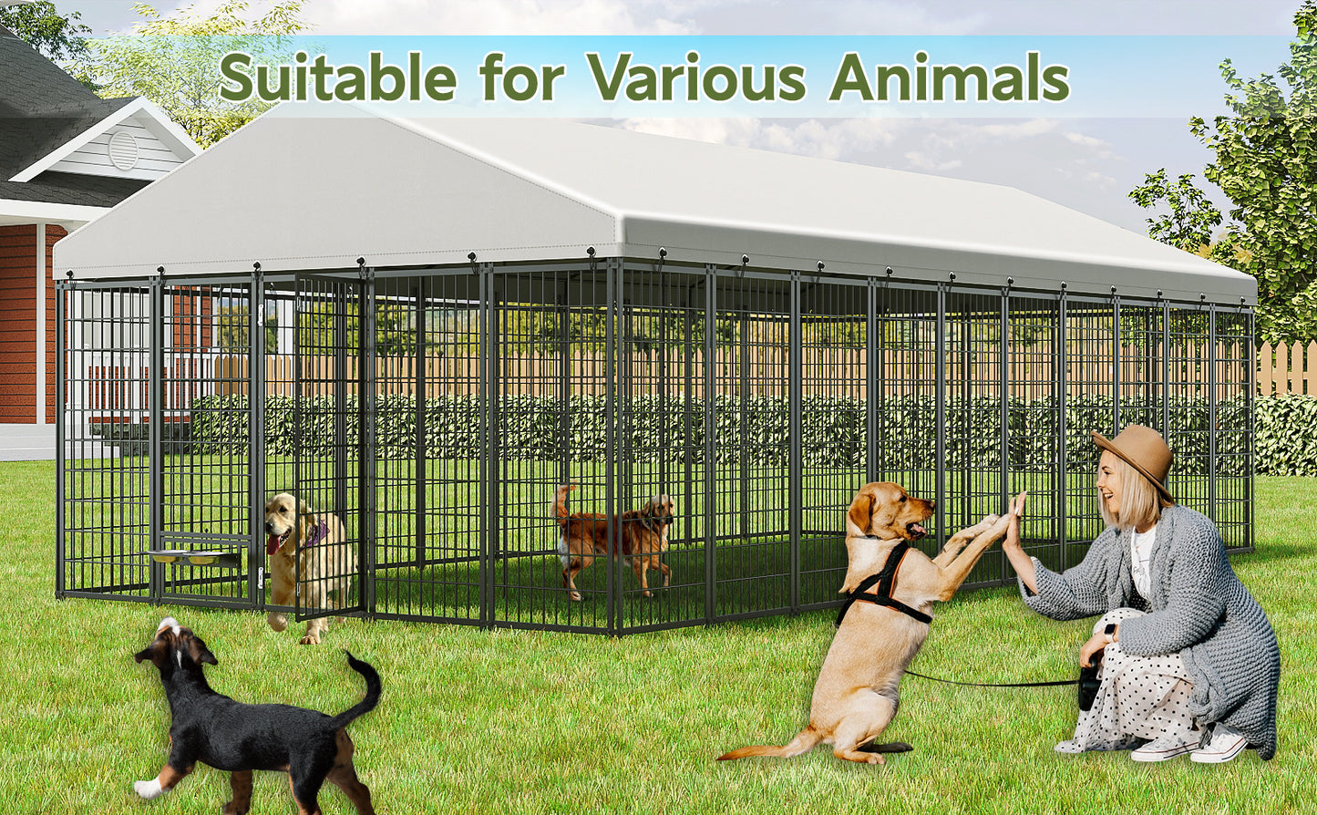 Large Dog Kennel Outdoor Pet Pens Dogs Run Enclosure Animal Hutch Metal Coop Fence With Roof Cover. 18.9  L X 9.61  W X 6.76 H.