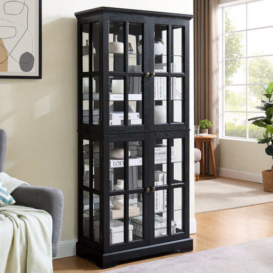 Curio Display Cabinet, Antique Display Cabinet With Glass Doors Adjustable Shelves For Collectibles Four Door Design Vintage Showcase For Home Or Office Antique Display Case E26 Bulb Included BLK