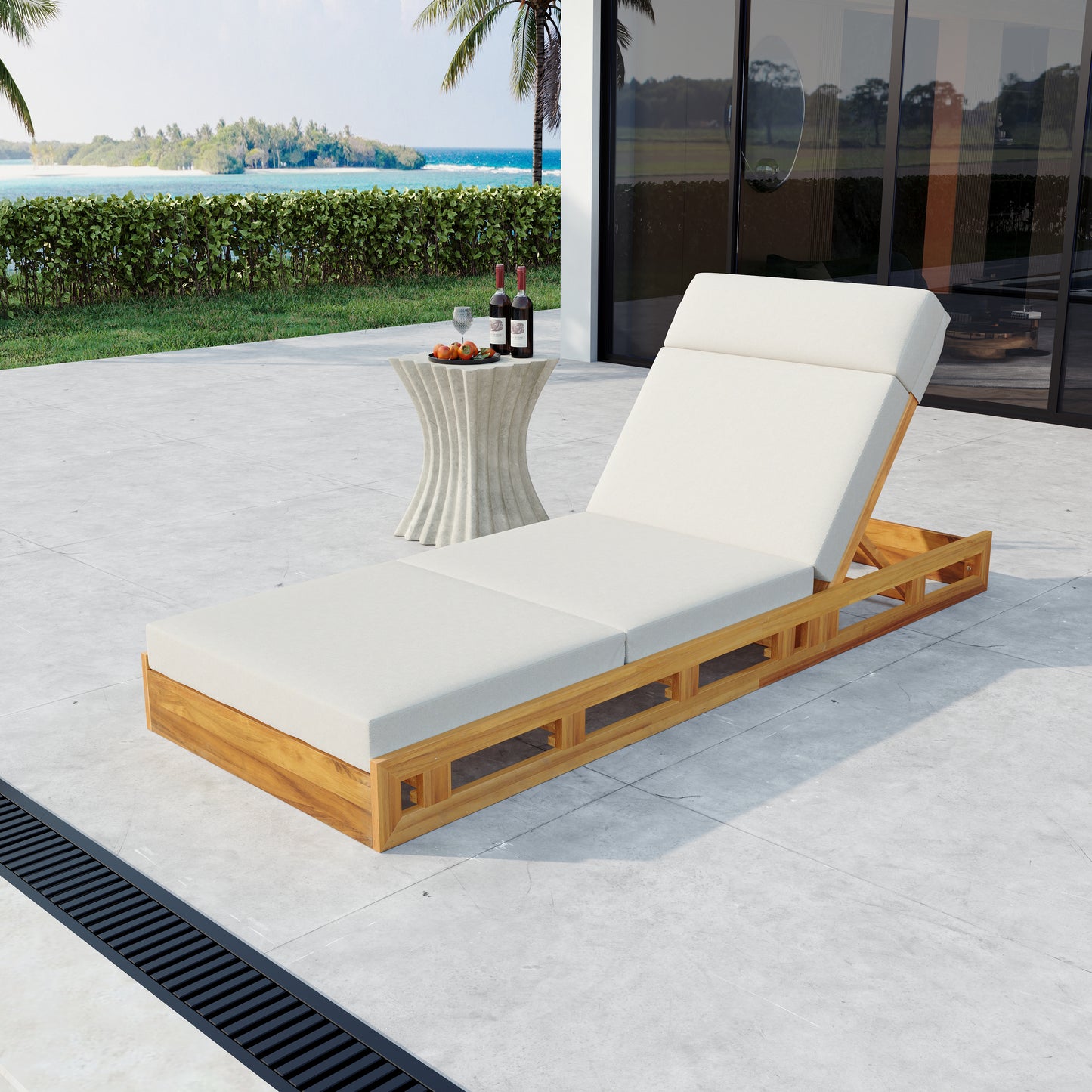 LOUNGE CHAISE SET WITH HEADREST,ACACIA WOOD WITH WATER-RESISTANT LOUNGE CUSHIONS  CREAM & 3-FOLD & 4 Inch  - MATCHING DARK GREY BEIGE VERSION AVAILABLE