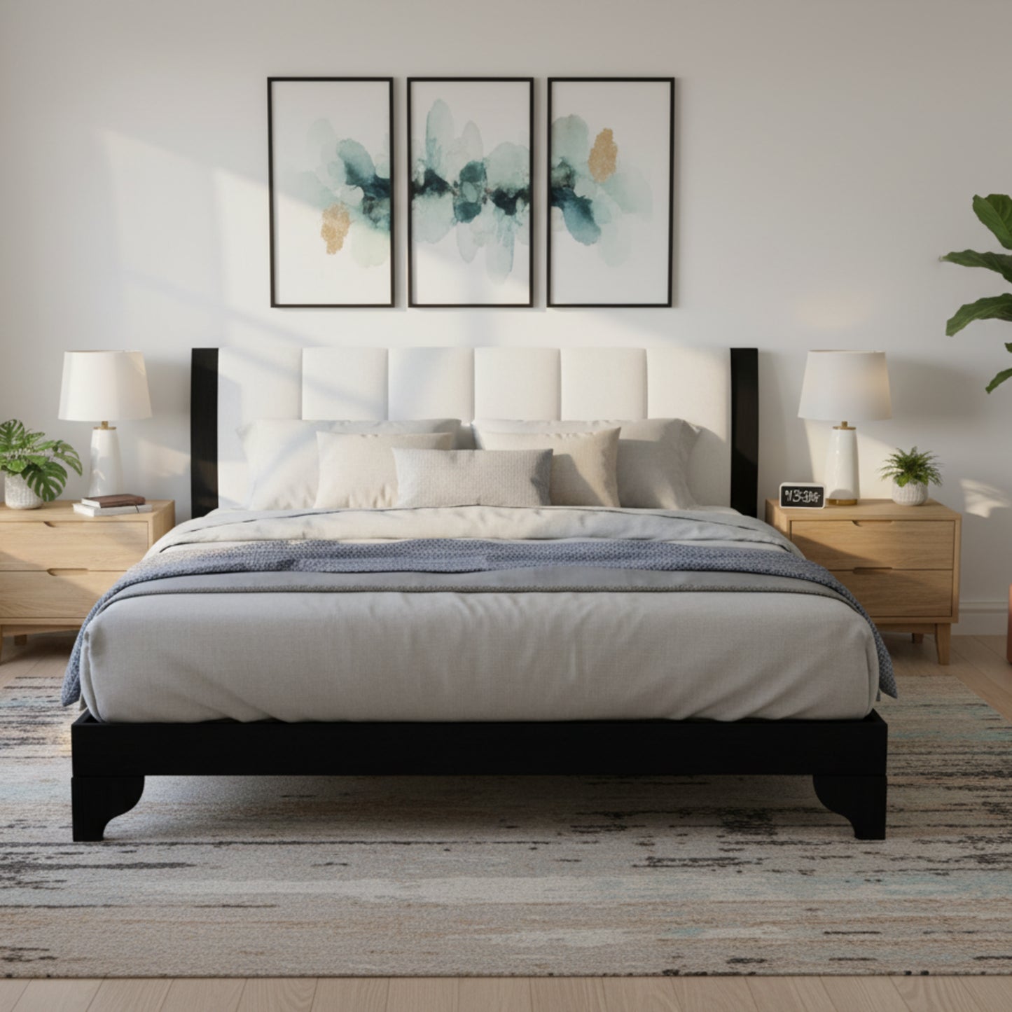Queen Size Bed Frame Black White Pine Manufactured Wood 82.7x 69.7 6-8 Mattress 500 Lbs No Box Spring Modern Bedroom Furniture