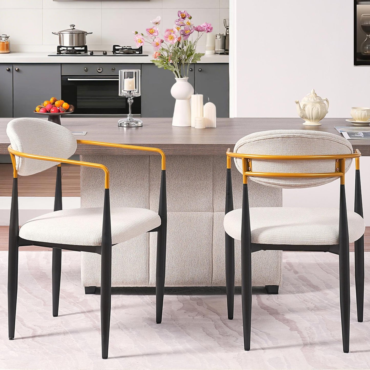 Modern Upholstered Dining Chair With Gold-Accented Armrests - 22W X 21D X 30H, Ergonomic Design For Home Dining Room Or Office Use,Set Of 2 - Beige Fabric Seat & Black Metal Frame