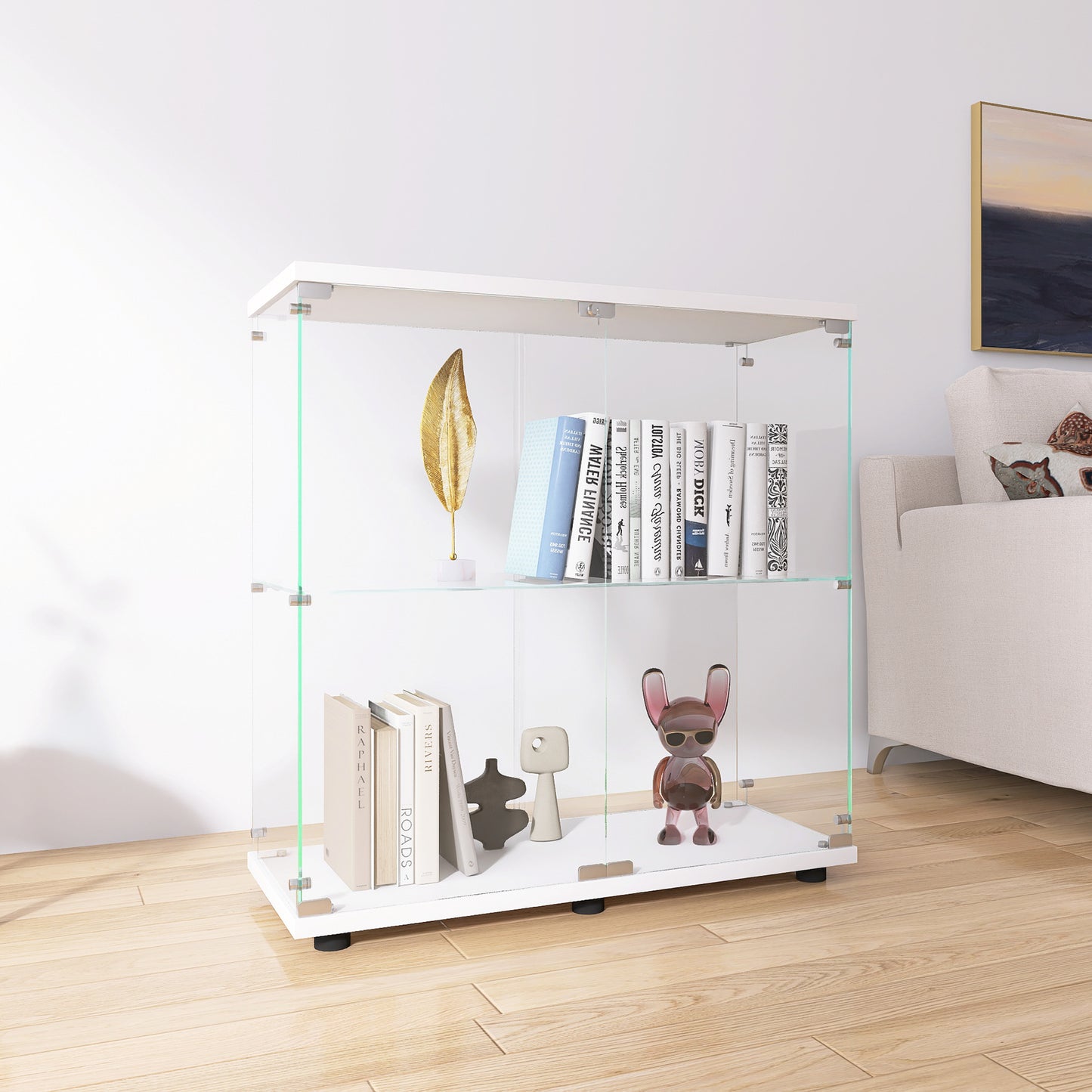 Two-door Glass Display Cabinet 2 Shelves With Door, Floor Standing Curio Bookshelf For Living Room Bedroom Office, 33.35x31.69 X14.37 ,White
