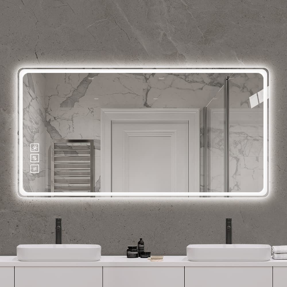 40x32 Inch LED Bathroom Mirror Vanity Mirrors With Front Lights Wall Mounted Anti-Fog Frameless Make Up Mirror With Light 5 Mm Copper-Free Silver Mirror Horizontal Or Vertical