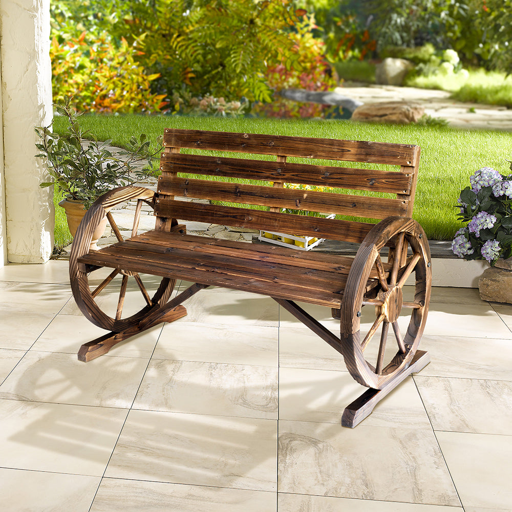 Wooden Wagon Wheel Bench, Rustic Outdoor Patio Weather Resistant Furniture, 2-Person Slatted Seat Bench With Backrest Supports Up To 550 Lbs For Patio, Garden, Or Other Outdoor Areas