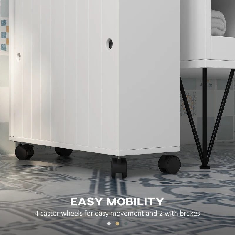 Kleankin Toilet Paper Cabinet, Slim Bathroom Cabinet With 4 Rolling Wheels, Small Bathroom Storage Cabinet With Paper Holes, Sliding Doors And Adjustable Shelf For Small Space, White