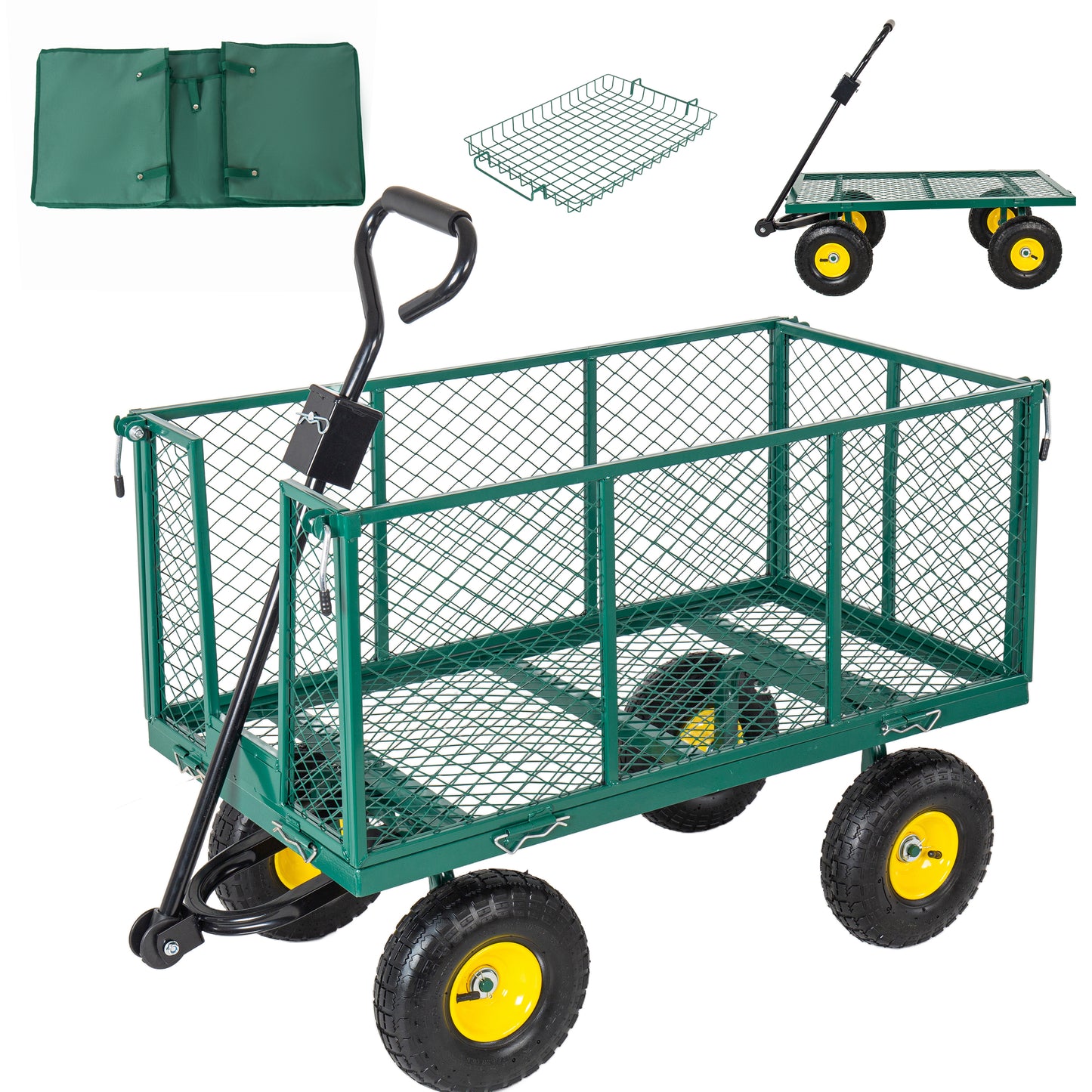 4-in-1 Oversized Steel Dump Garden Cart 880lbs Pullable Mesh Metal Garden Cart All-Terrain Utility Cart With Removable Liner & Side Panels & Mesh Tray For Outdoor Lawn Patio And Landscaping Green