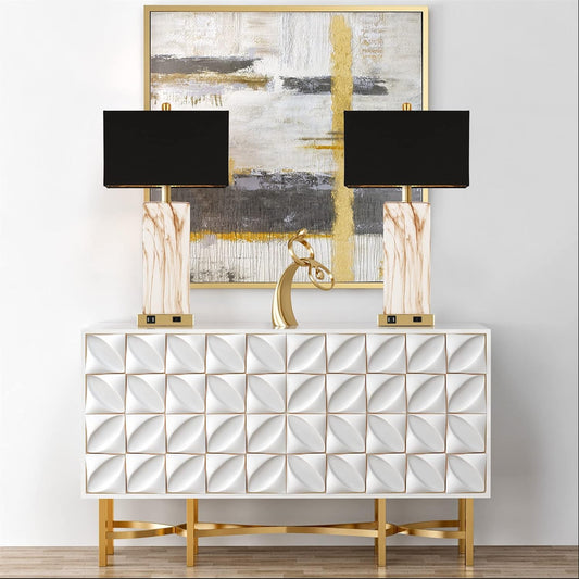 Touch Control Table Lamps Set Of 2, Modern Contemporary Bedside Lamp With 2 USB Ports 1 AC Outlet, 3-Way Dimmable Nightstand Lamp Faux Marble Gold Black Rectangular Shade For Living Room Bedroom