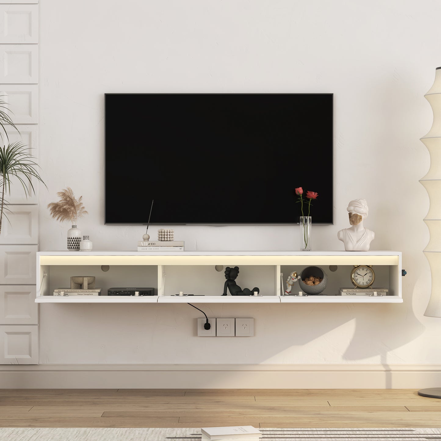 Floating TV Stand, Wall Mounted TV Shelf With Led Lights & Power Outlet, Cabinet For Tv Stands For Living Room