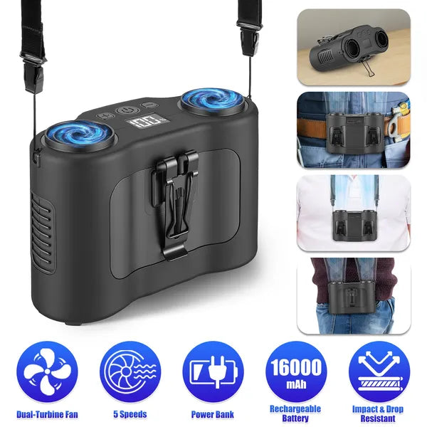 16000mAh 4 In 1 Dual-Turbine Waist Clip Fan Wearable Personal Fan Hands-Free With 5 Speeds LCD Display Lanyard Double As Power Bank For Jobsites Camping Hiking