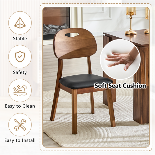 2 Walnut Colored Solid Wood Dining Chairs, Black PU Soft Seat Cushions, Hollowed Out Backrests, And Home Dining Chairs.