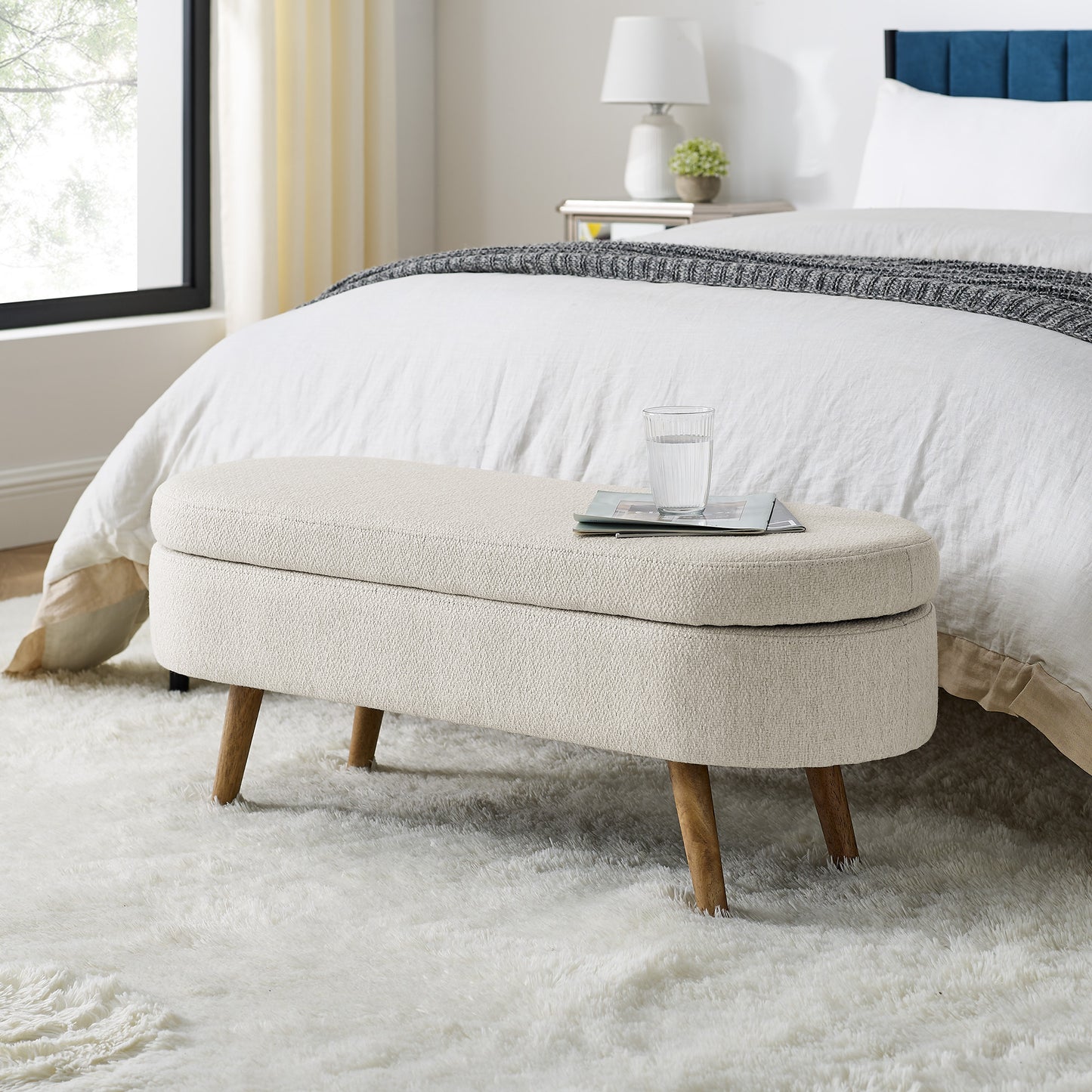 Ottoman Oval Storage Bench,Rubber Wood Legs, Beige 43.5x16x16