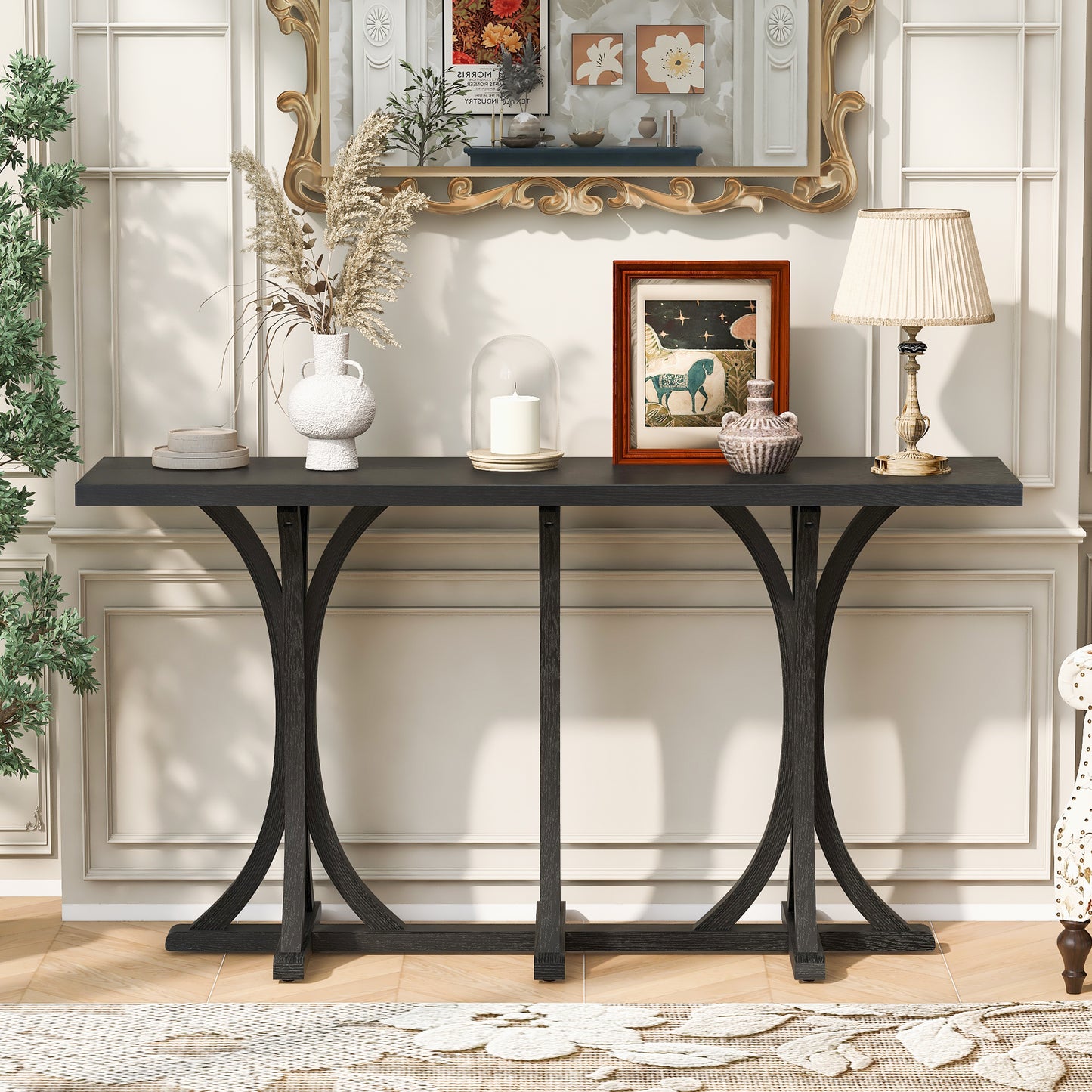 U- Style 59.8  Wooden Console Table With Oak Veneer Top Farmhouse Entryway Table With Rubber Wood Slender Curved Legs Perfect For Living Room Entryway Hallway  Dining Spaces.