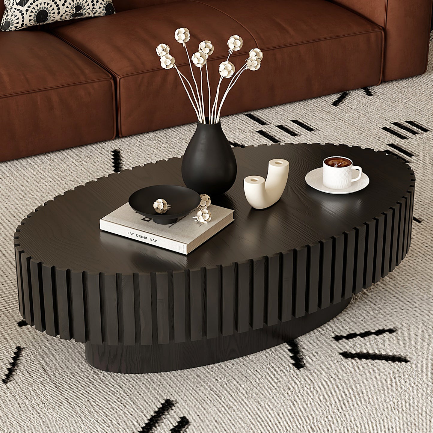Oval Coffee Table Handcrafted Relief Sturdy Pedestal Wooden Olive-Shaped Tea Table For Living Room