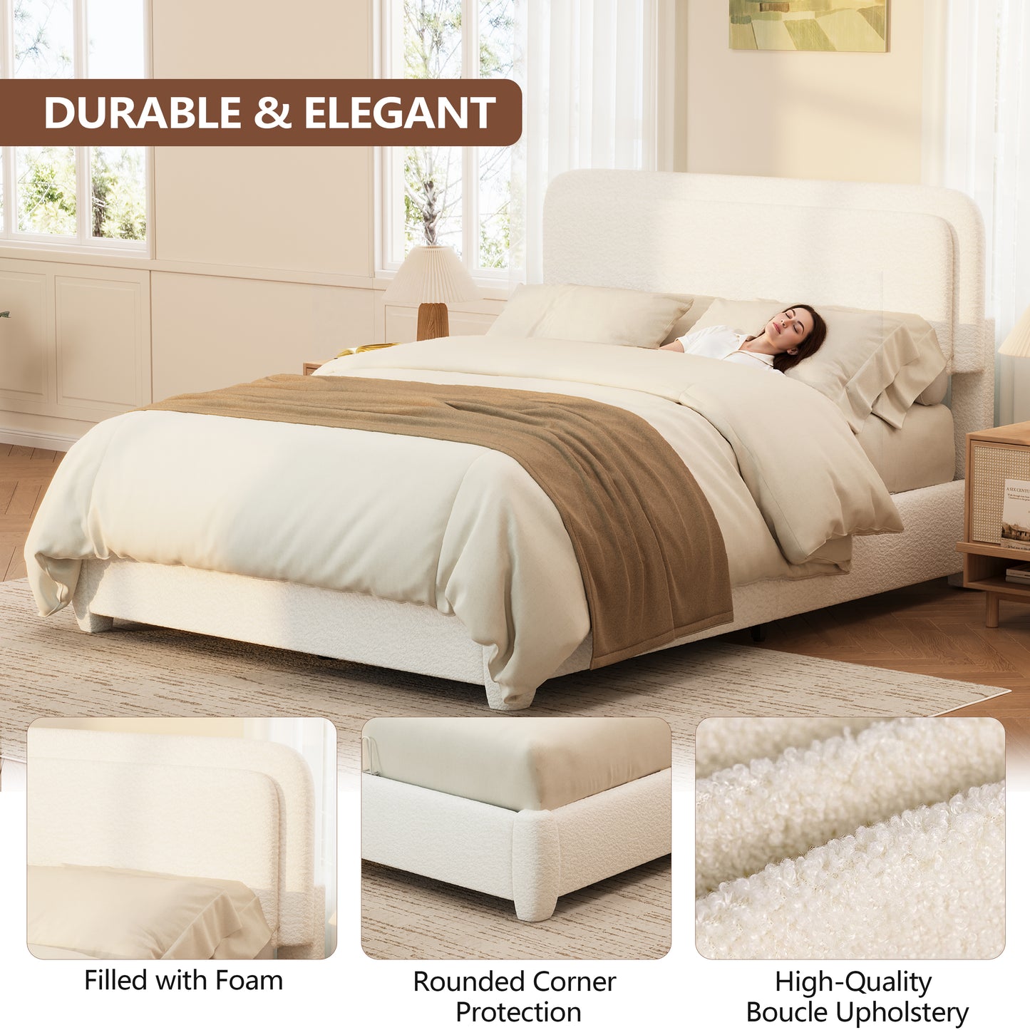 Boucle Full Bed Frame With Adjustable Height Headboard, Modern Platform Bed With Curved Cloud Headboard, Elegant Boucle Fabric Low Profile Platform Bed, No Box Spring Needed, Easy Assembly, White