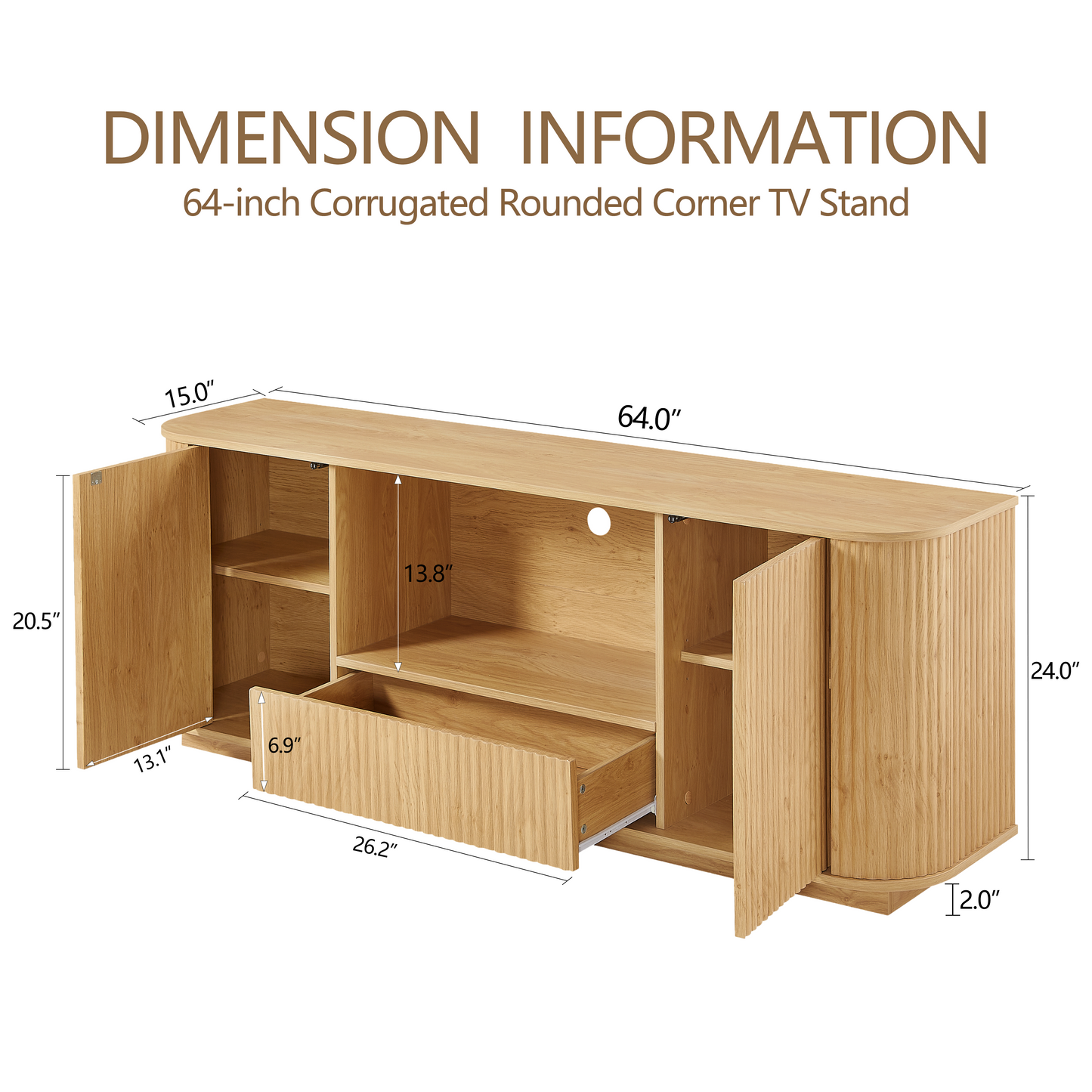 64-Inch Wavy TV Stand, Rounded Sideboard, Storage Cabinet, Wooden Vertical Stripe Cabinet For Living Room Bedroom Entryway. Natural,64''W X 15''D X 24''H.