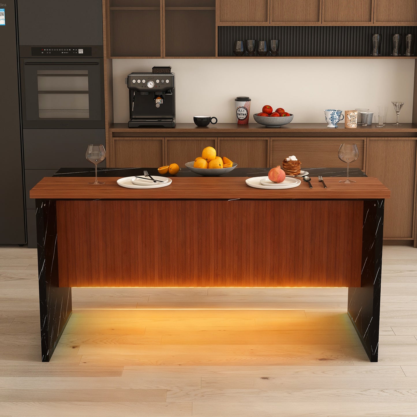 63  Modern Kitchen Island With Marble-Look Surface, LED Lights & Grille Design For Dining Room, Living Room, Black Island Only