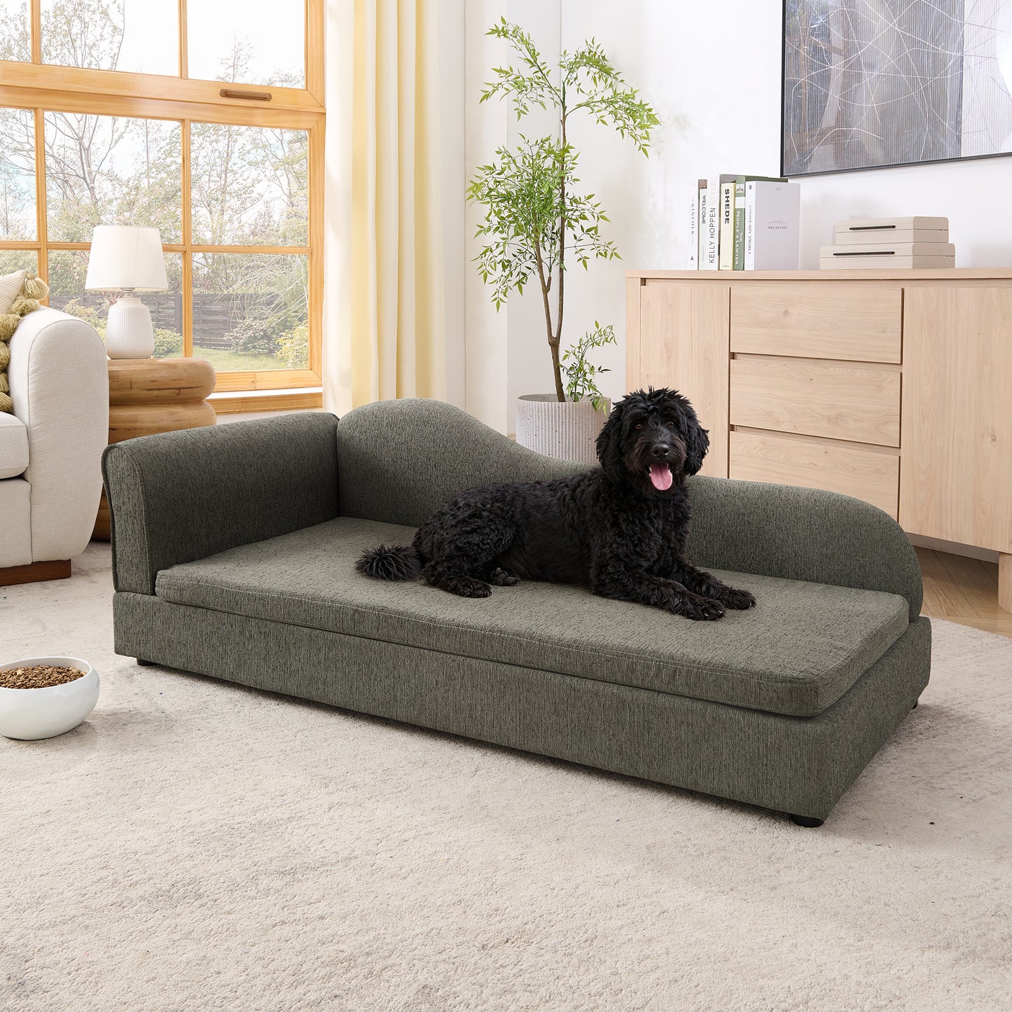 Oversized Pet Sofa For Medium Large Dogs - Modern Irregular Wave Backrest, Single Armrest, Premium Breathable Linen Fabric, Soft Cushion & Low Plastic Feet-DARK GREY