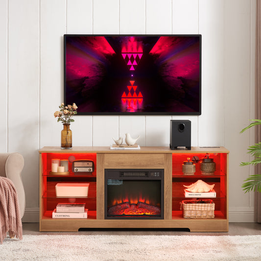 TV Stand Electric Fireplace TV Stand With Glass Shelves, 3D Fireplace TV Stand With LED Lights Wood With USB Charging Outlet Modern Television Table Center For TV Up To 32-62  OAK 58'Wx15.4''Dx24.6