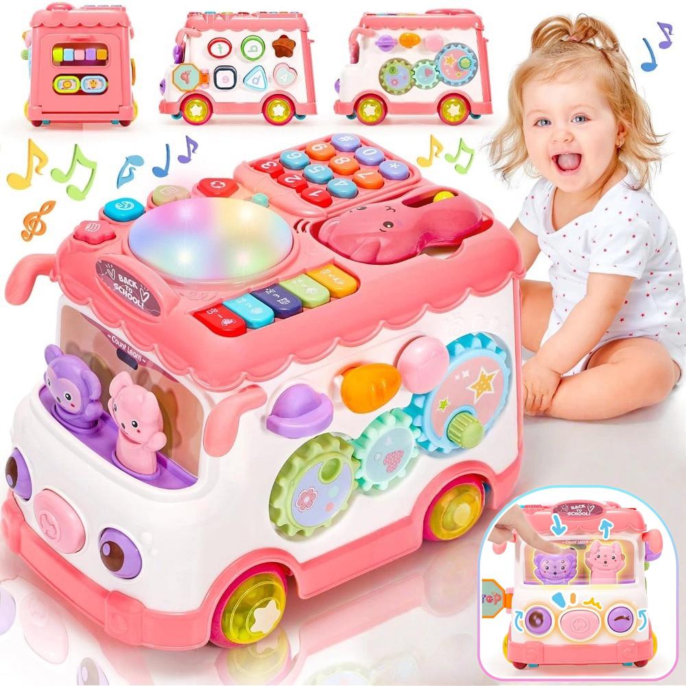 Baby Activity Bus Toy Set 6-in-1 Multifunctional Musical Learning Bus Includes Mini Car & Building Blocks Early Educational Toy For Toddlers Ages 1-3