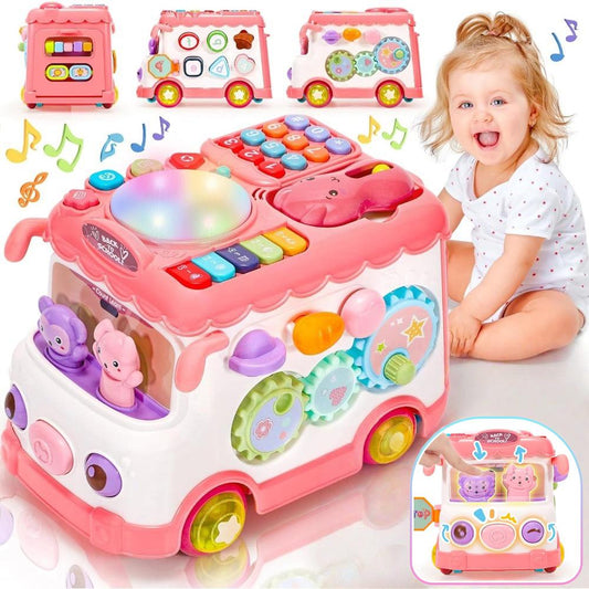Baby Activity Bus Toy Set 6-in-1 Multifunctional Musical Learning Bus Includes Mini Car & Building Blocks Early Educational Toy For Toddlers Ages 1-3