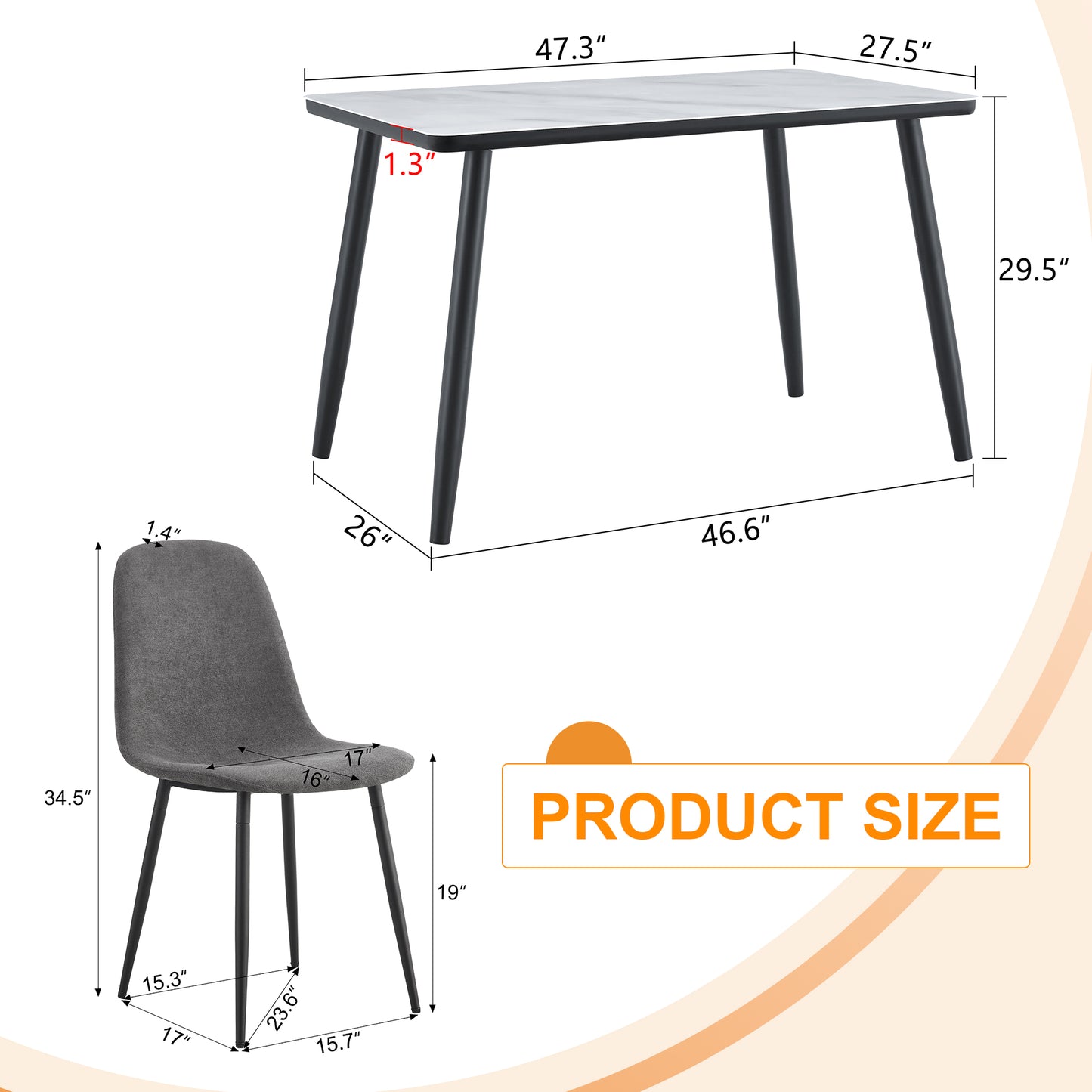 Table And Chair Set.Modern Dining Table. White Imitation Marble Texture Glass Top    Lower Black MDF Board,black Metal Legs.Paired With 4 Dark Gray Linen-Cotton Material Dining Chair With Metal Leg.