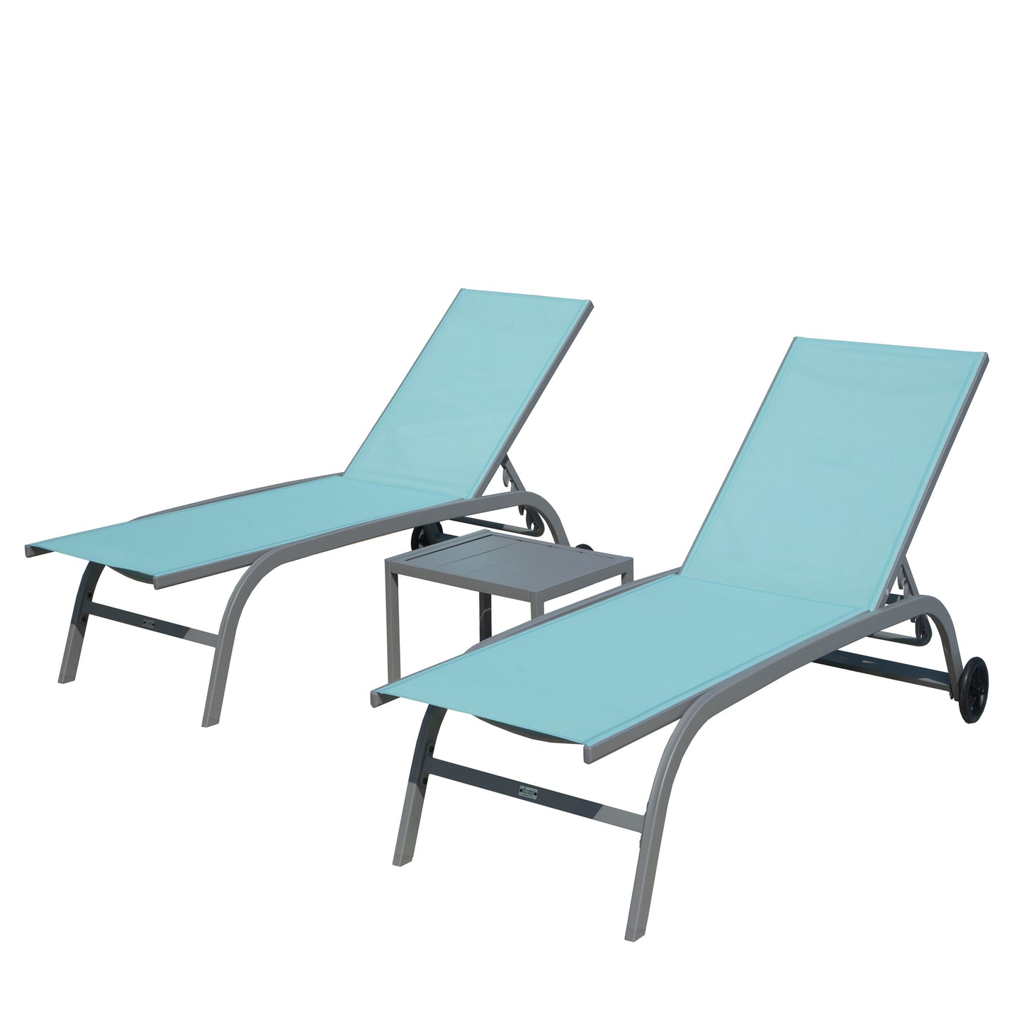 Chaise Lounge Outdoor Set Of 3, Lounge Chairs For Outside With Wheels, Outdoor Lounge Chairs With 5 Adjustable Position, Pool Lounge Chairs For Patio, Beach Lake Blue, 2 Lounge Chairs 1 Table