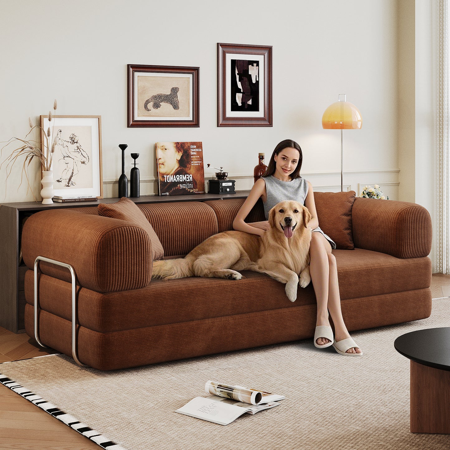 78.8 Compression Sofa,Convertible Floor Sofa Bed-with Pillow Back Support Armrest,Comfy Futon Couch Sleeper Bed,Loveseats Boneless Modular Sectional Sofa,Corduroy Fabric,for Living Room,Bedroom,Brown