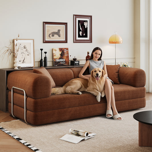 78.8 Compression Sofa,Convertible Floor Sofa Bed-with Pillow Back Support Armrest,Comfy Futon Couch Sleeper Bed,Loveseats Boneless Modular Sectional Sofa,Corduroy Fabric,for Living Room,Bedroom,Brown
