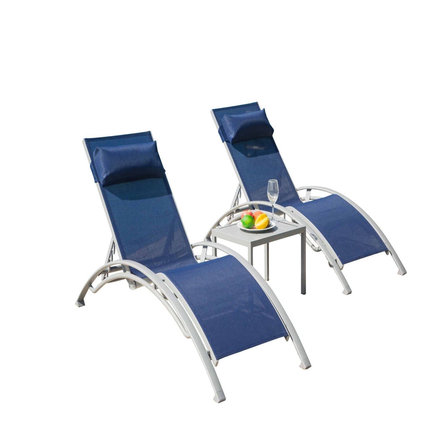 Pool Lounge Chairs Set Of 3, Adjustable Aluminum Outdoor Chaise Lounge Chairs With Metal Side Table, All Weather For Deck Lawn Poolside   Blue, 2 Lounge Chirs 1 Table