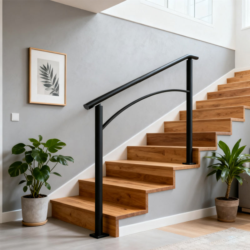 Handrails For Outdoor Steps, Fit 1 Or 3 Steps Outdoor Stair Railing, Black Wrought Iron Handrail, Flexible Front Porch Hand Rail, Transitional Handrails For Concrete Steps Or Wooden Stairs