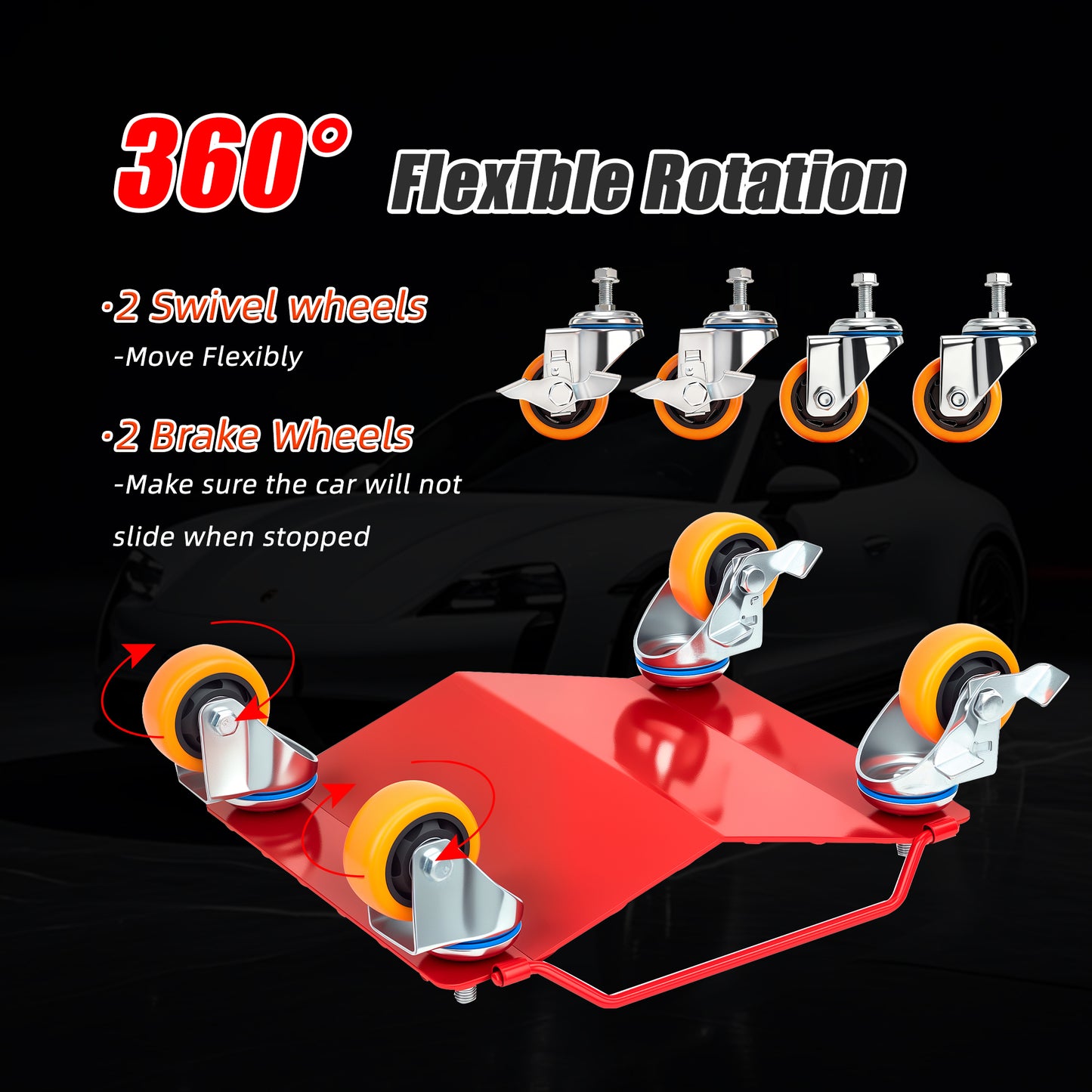 5500 Lbs Tire Wheel Dolly Car Set Of 4, Heavy Duty Robust & Durable Steel Car Mover With Antiskid Plate & 360 Degree Rotatable Wheel,Red