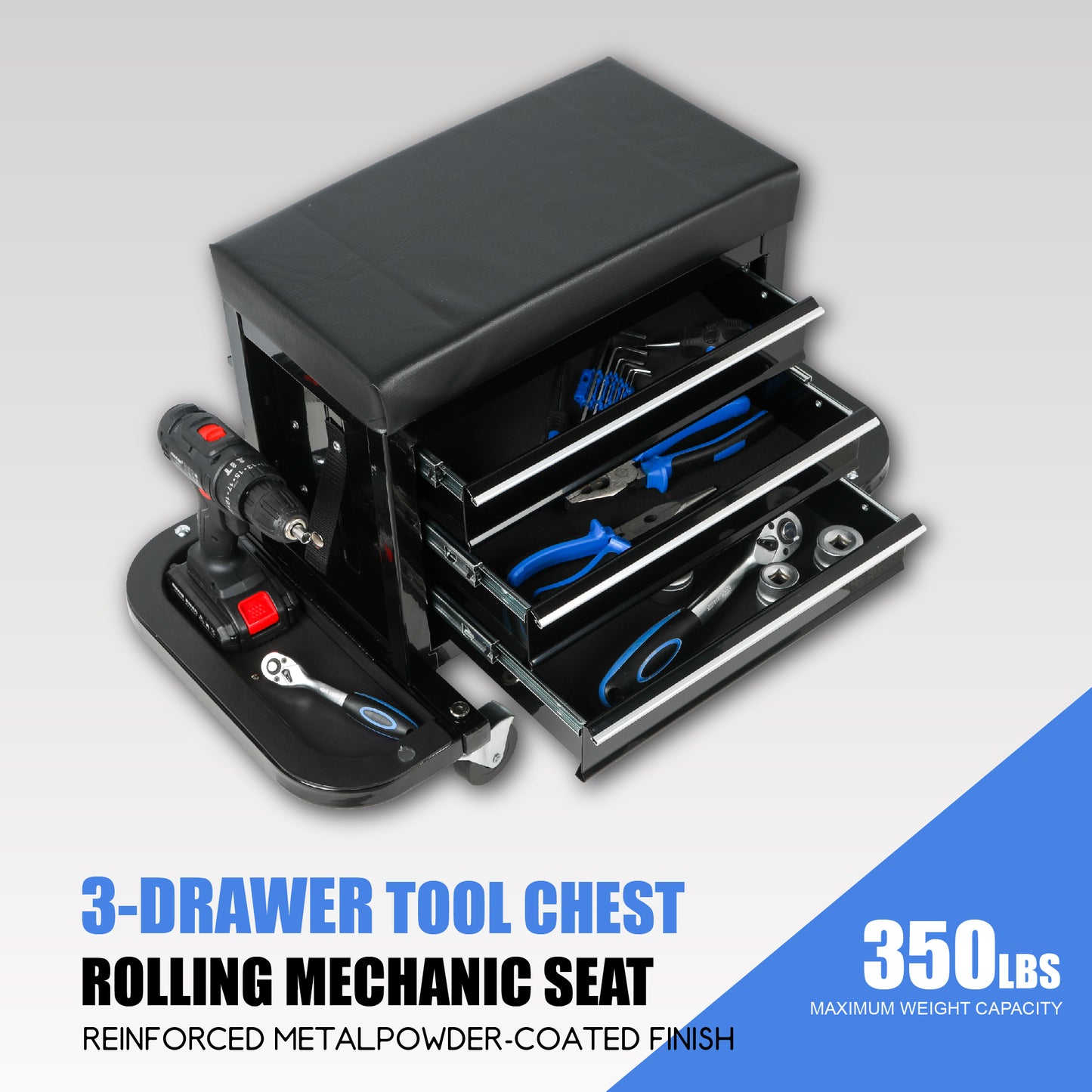 3-Drawer Tool Chest Rolling Mechanic Seat With Tool Trays,350lbs Max Weight Capacity,Black