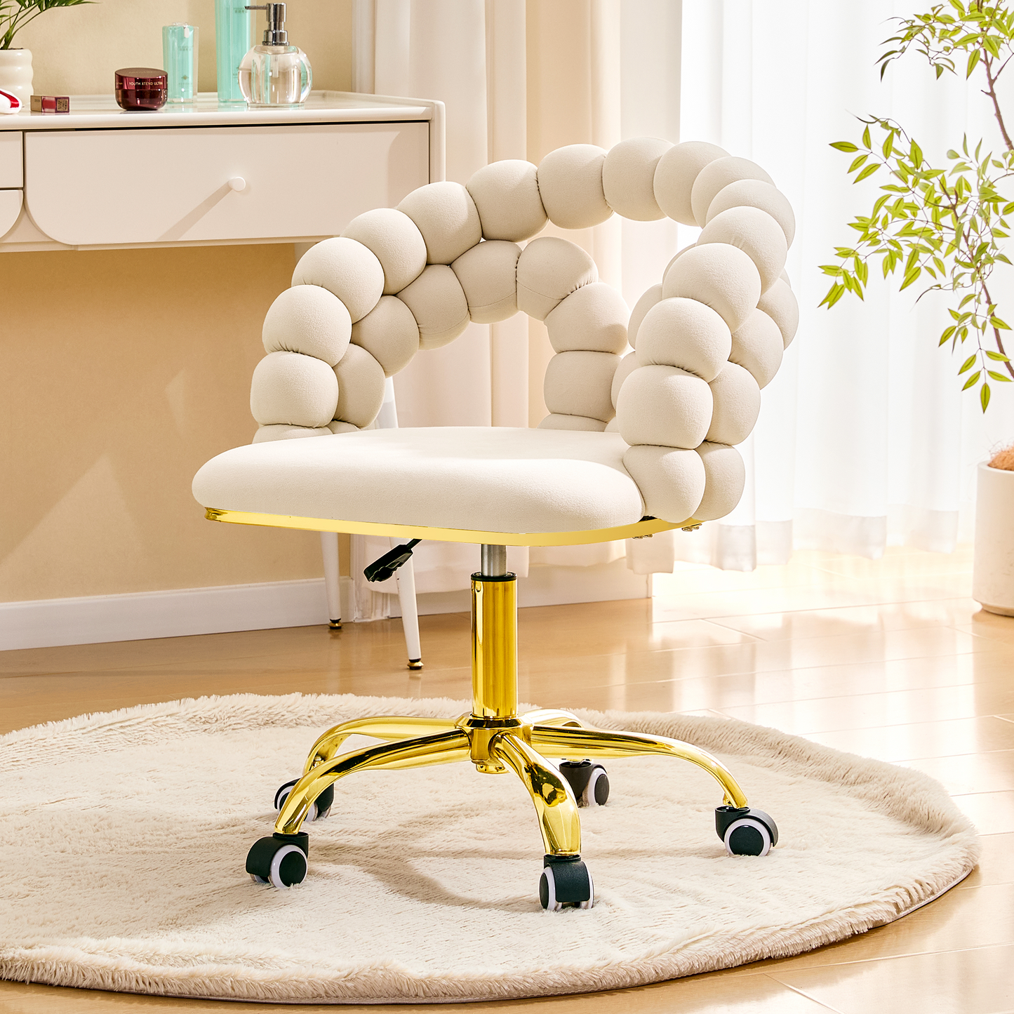 Modern Velvet Adjustable Swivel Desk Chair With Bubble Back, Upholstered Vanity Chair With Gold Metal Base, Rolling Office Chair For Home Office, Bedroom, Makeup Room, Beige  Set Of 1