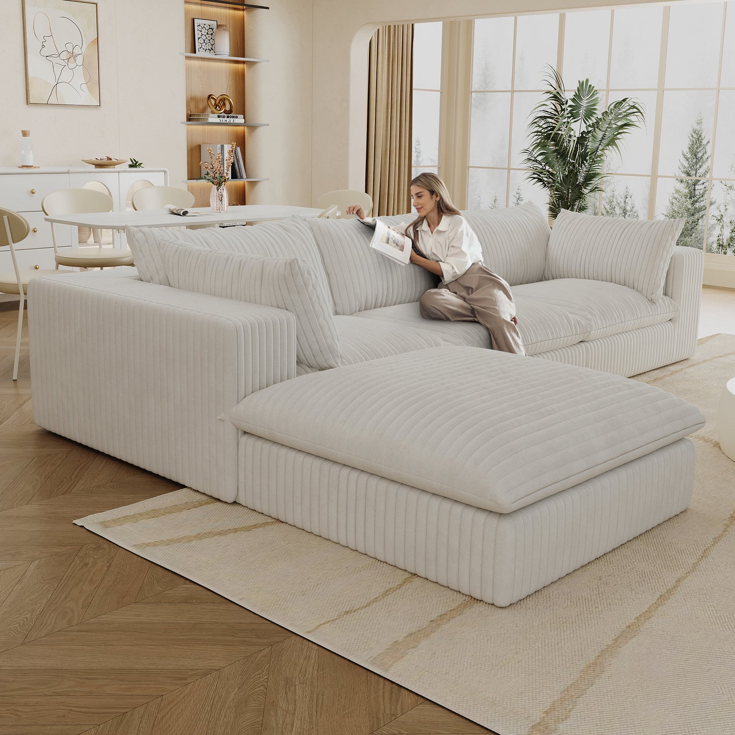 118.2 Cloud Sofa,Corduroy Fabric,Deep Seat Couches,Double-layer Design,Removable Cushion,No Assembly, DIY Combination For Living Room, Bedroom,Conference Room ,Apartment,White